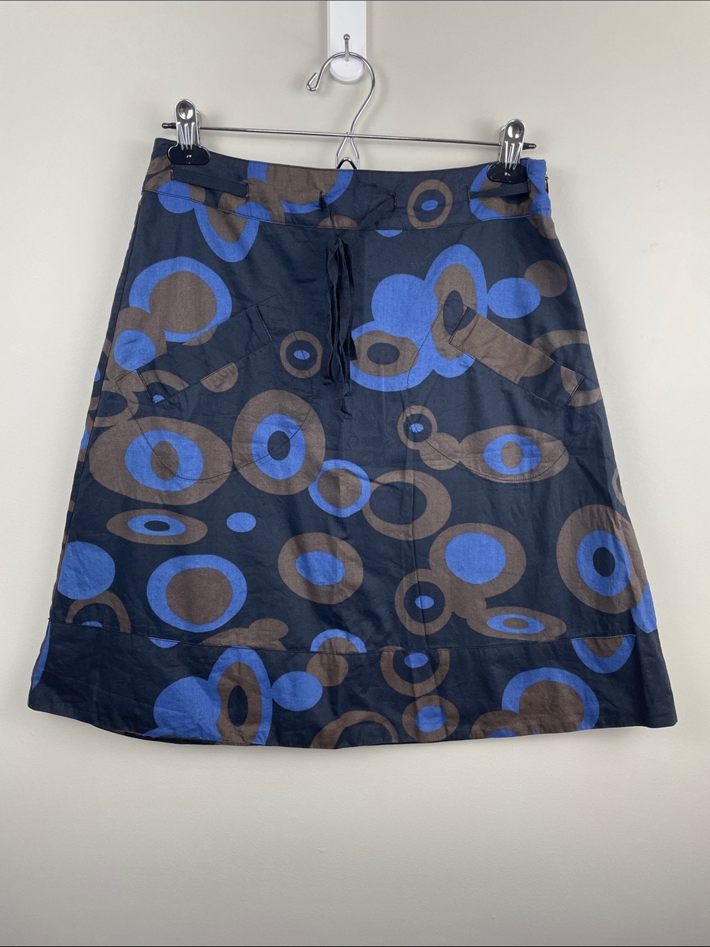 Black A-Line Skirt with Blue and Brown Circle Print